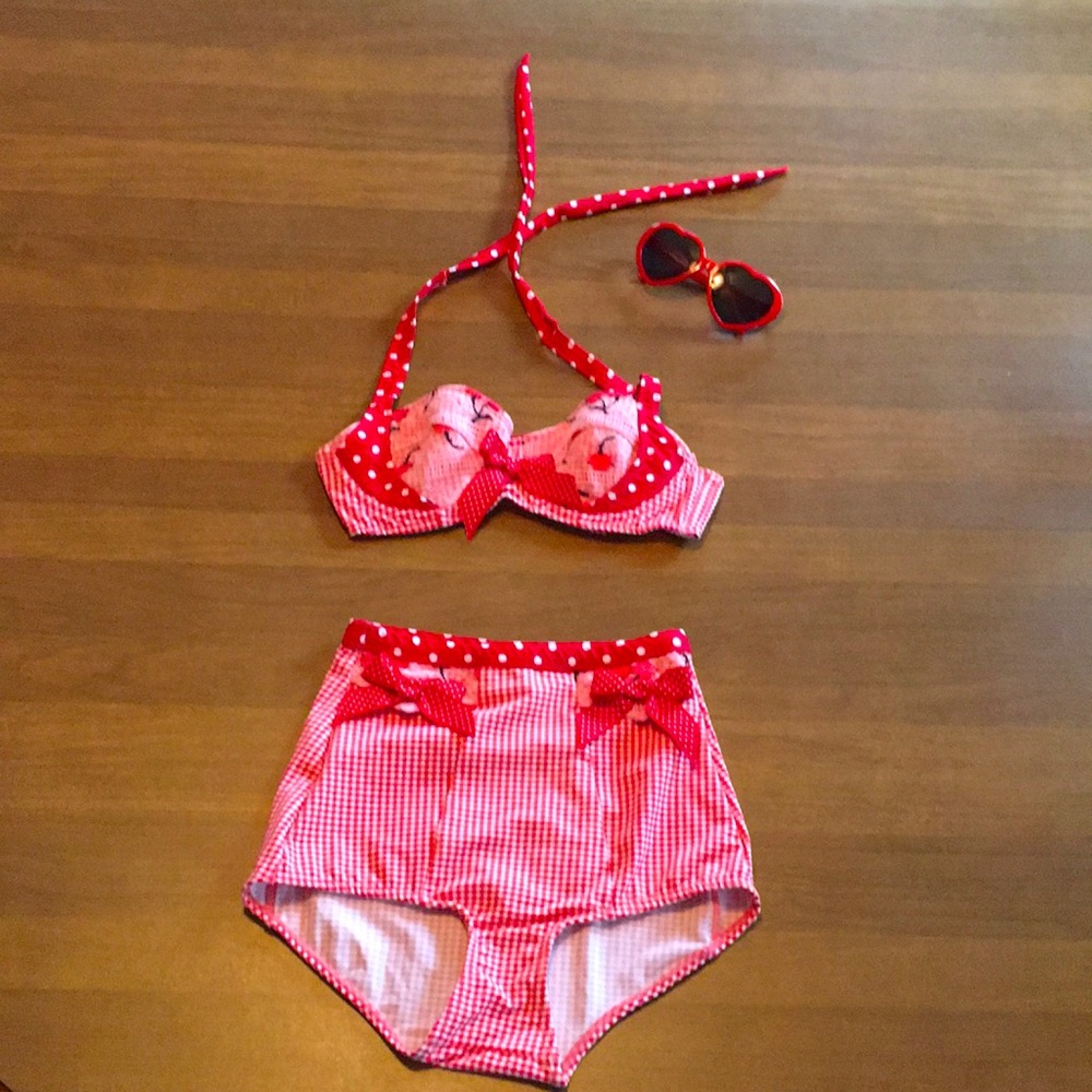 ADORABLE retro pinup cherry gingham polka dot lace swimsuit bikini 👙 🍒 - Picture 3 of 16